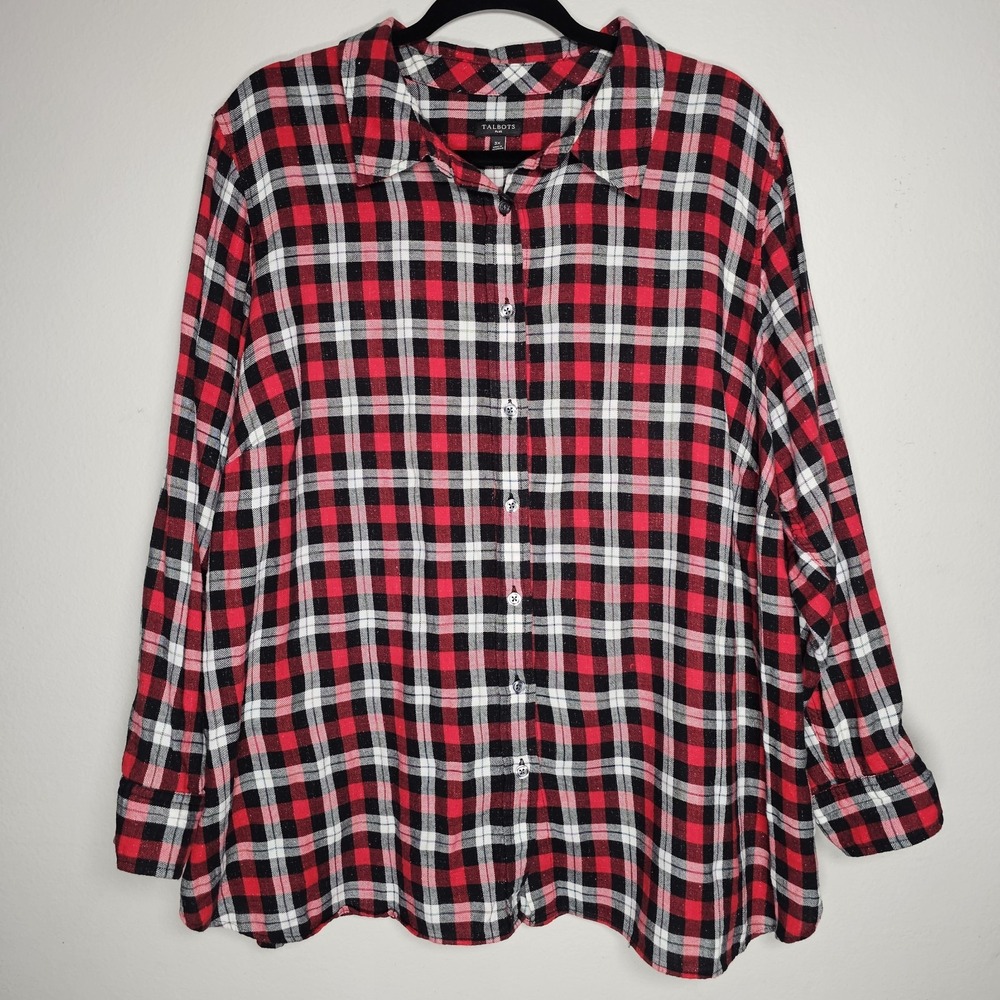 Talbots Womens 3X‎ Black Red Metallic Country Plaid Button Up Top Ranch Relaxed